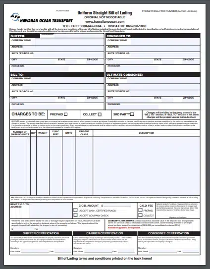 Screenshot of the Hawaii Ocean Transport Uniform Straight Bill of Lading document
